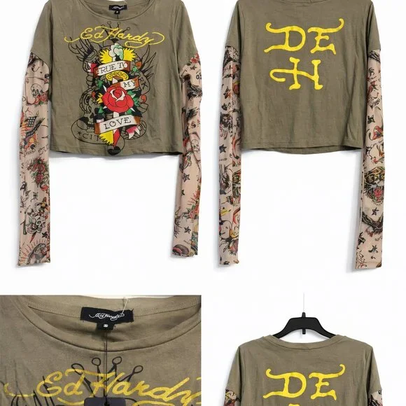 Ed Hardy Crop Top Size S NWT Y2K Tattoo Graphic Layered Long Sleeve Streetwear - Picture 3 of 6